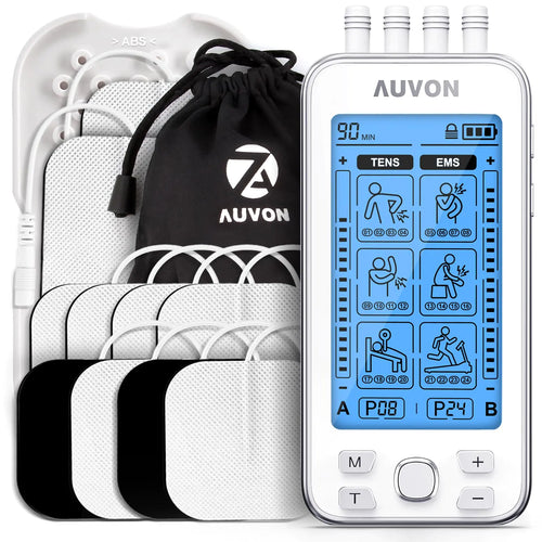 AUVON 4 Outputs TENS Unit EMS Muscle Stimulator Machine for Pain Relief Therapy with 24 Modes Electric Pulse Massager 2" and 2"x4" Electrodes Pads (White)